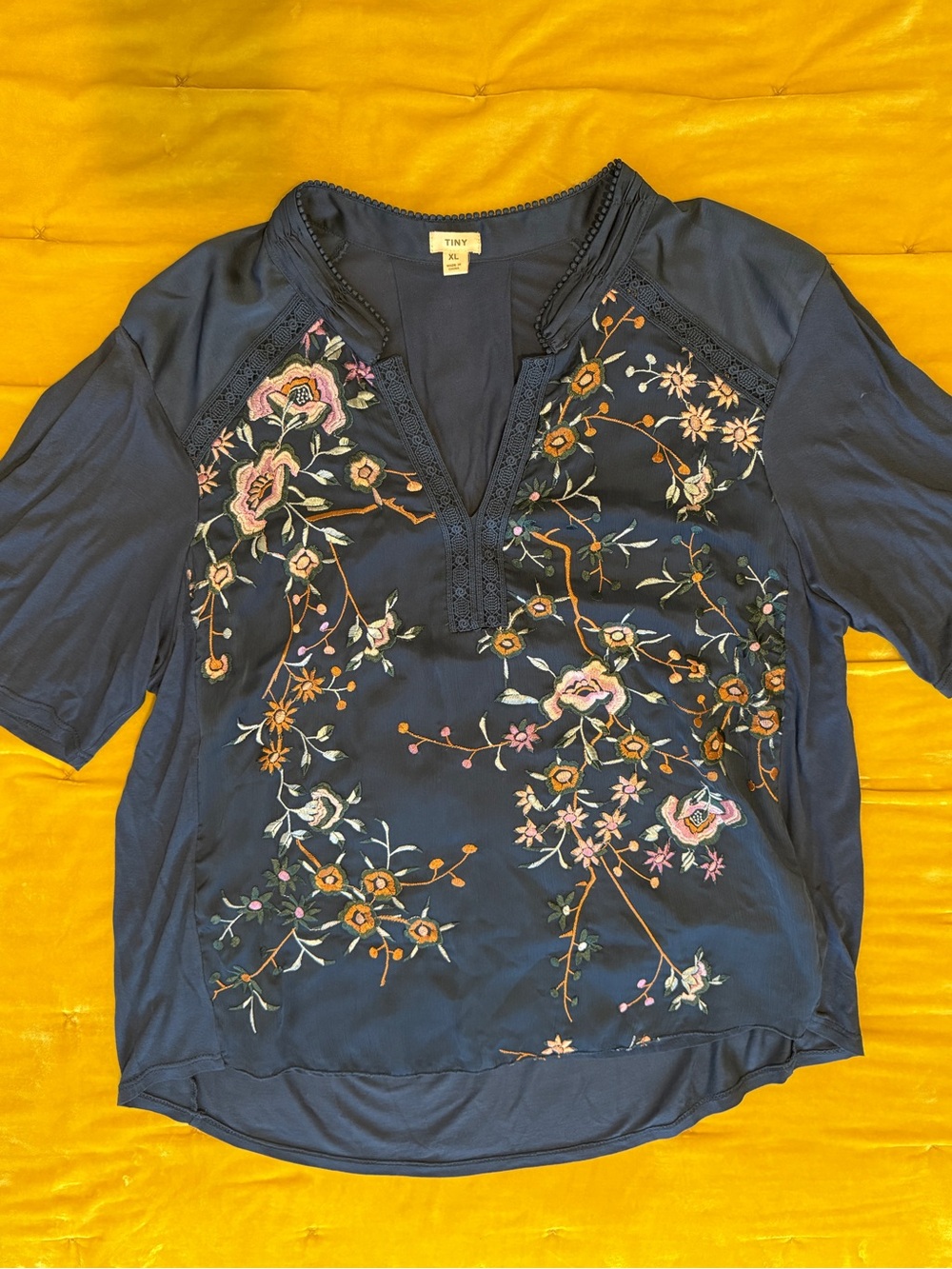 Anthropologie Navy Embroidered Floral V-Neck Blouse